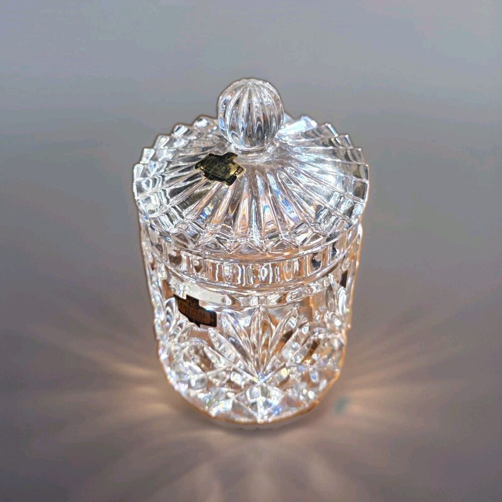 Crystal Zajecar Clear Cut Crystal Starburst Round Decorative Box Jar w/ Lid